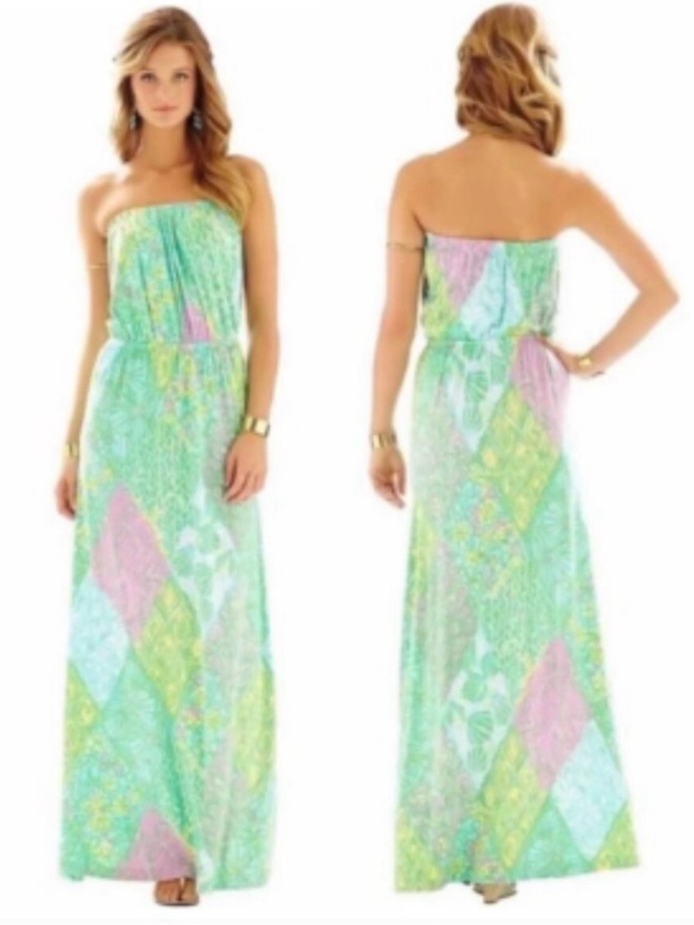 Lilly Pulitzer Strapless Green & Pink Printed Maxi Dress - Picture 2 of 11